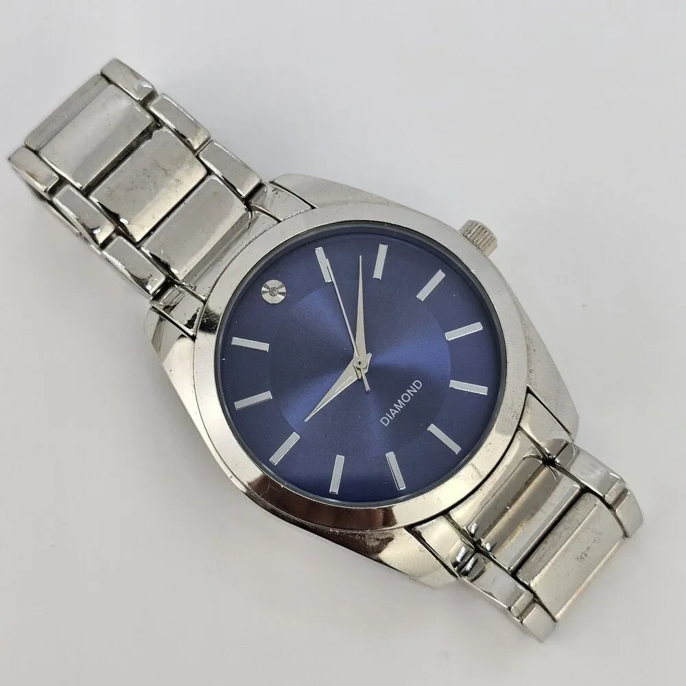 40MM Men's Diamond‎ Watch Blue Dial Gray Bracelet Band 6